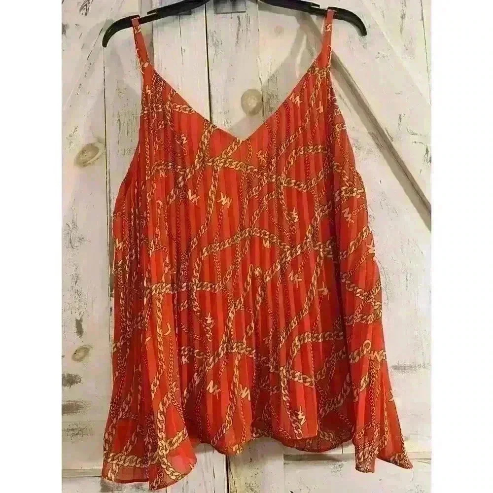 Michael Michael Kors Women's Chain-Print Pleated Tank Top Optic Orange Size XL